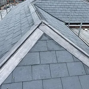 a view of the roof of a building with a bird perched on top of it