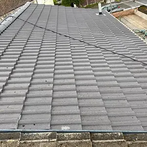 a cat sitting on top of a tiled roof